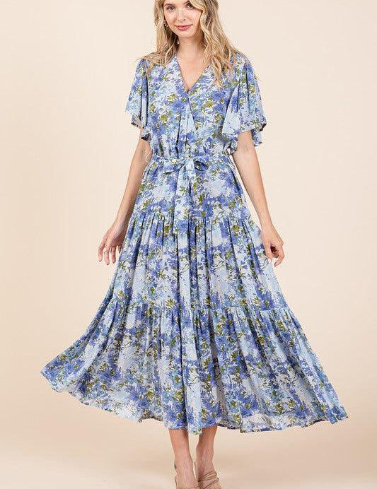 Dusty Blue S Mittoshop Floral Tie Waist Flutter Sleeve Tiered Dress | Daverri Fashions