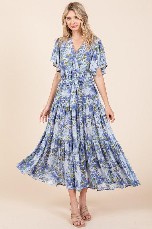 Dusty Blue S Mittoshop Floral Tie Waist Flutter Sleeve Tiered Dress | Daverri Fashions