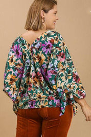 Umgee Full Size Floral V-Neck Tie Sleeve Blouse Plus Size | Blouses Daverri Fashions