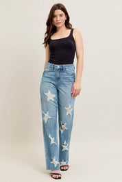 Judy Blue Full Size High Waist Rigid Magic Star Shaped Destroy 90's Straight Jeans Plus Size | Jeans Daverri Fashions