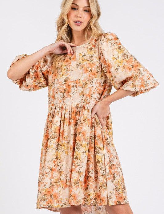 Tangerine Mittoshop Flower Print Linen Blend Babydoll Mini Dress | Mini Dresses Daverri Fashions