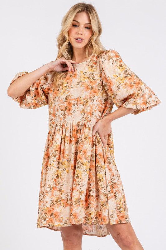 Tangerine Mittoshop Flower Print Linen Blend Babydoll Mini Dress | Mini Dresses Daverri Fashions