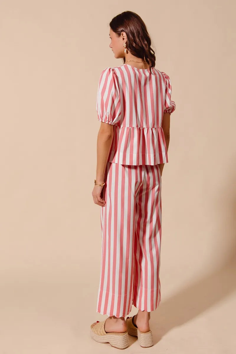 SO ME Front Tie Stripe Top With Puff Sleeves and Wide Leg Pants Set | Outfit Sets Daverri Fashions