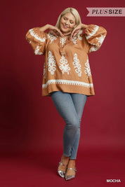 Umgee Full Size Two Tone Border Print Top with Balloon Sleeves Plus Size | Tops Daverri Fashions