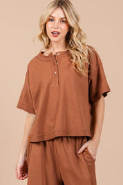 Caramel Ces Femme Half Button Half Sleeve Top and Pants Set | Outfit Sets Daverri Fashions