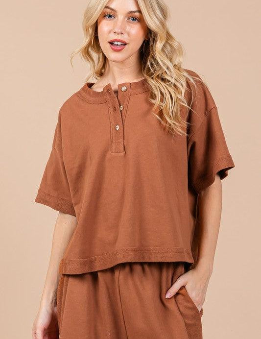 Caramel Ces Femme Half Button Half Sleeve Top and Pants Set | Outfit Sets Daverri Fashions