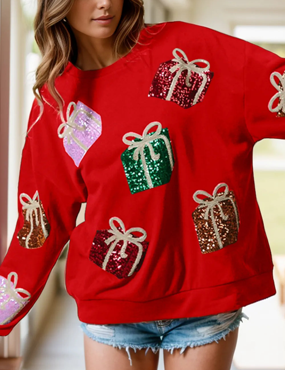 Deep Red Sequin Gift Box Long Sleeve Sweatshirt | Sweatshirts Daverri Fashions
