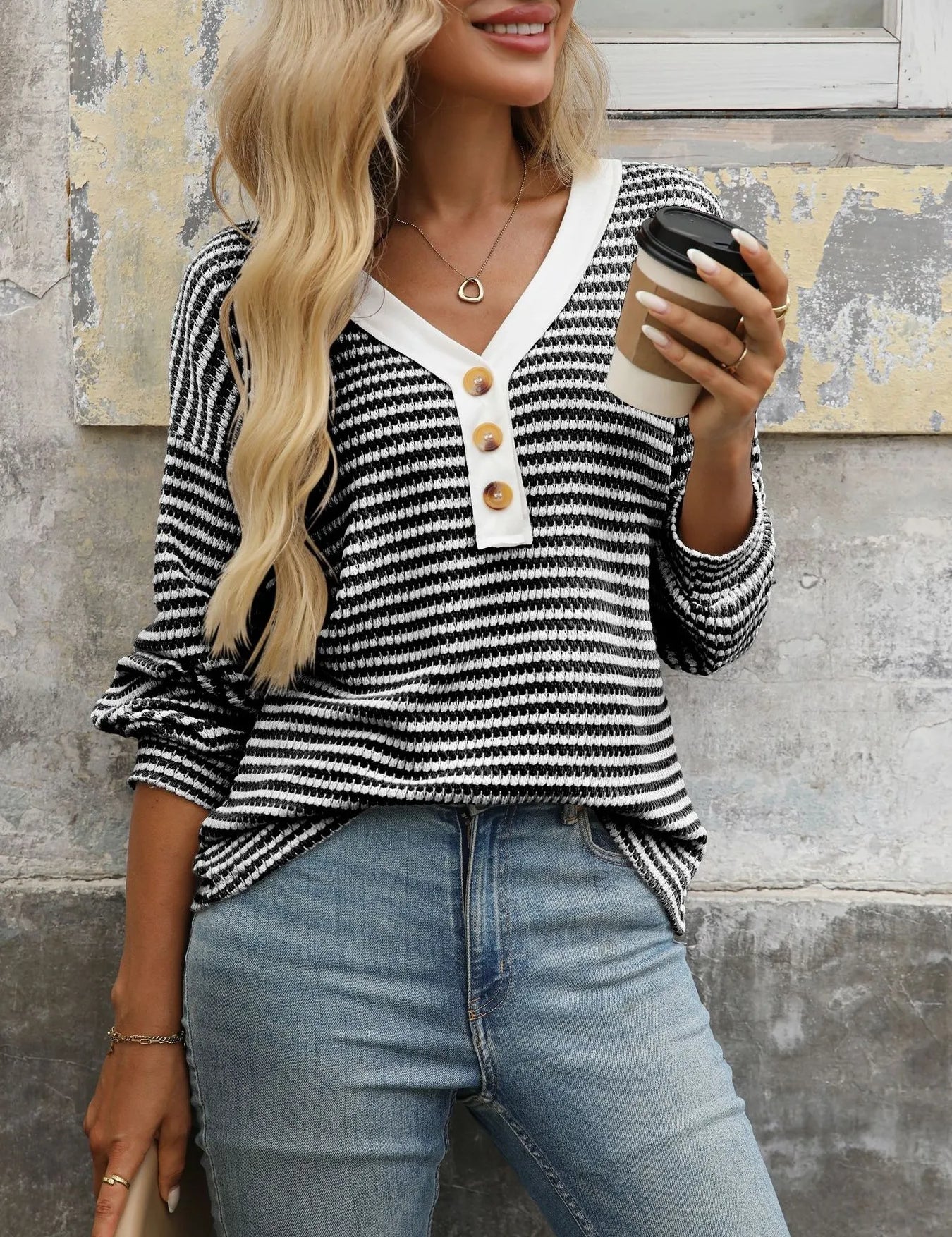 Black Striped V-Neck Button Front Casual Top | Knit Tops Daverri Fashions