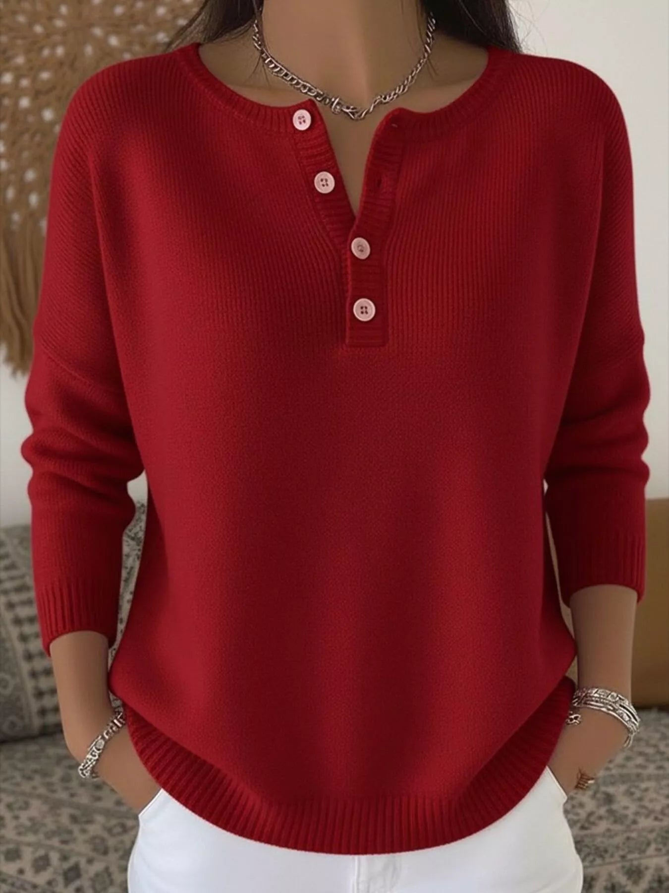 Full Size Half Button Long Sleeve Knit Top Plus Size | Knit Tops Daverri Fashions