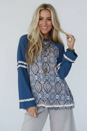 Blue 62%Polyester+32%Cotton+6%Elastane Blue Geometric Printed Lace Patchwork Ric Rac Raglan Long Sleeve Top | Tops/Long Sleeve Tops Daverri Fashions
