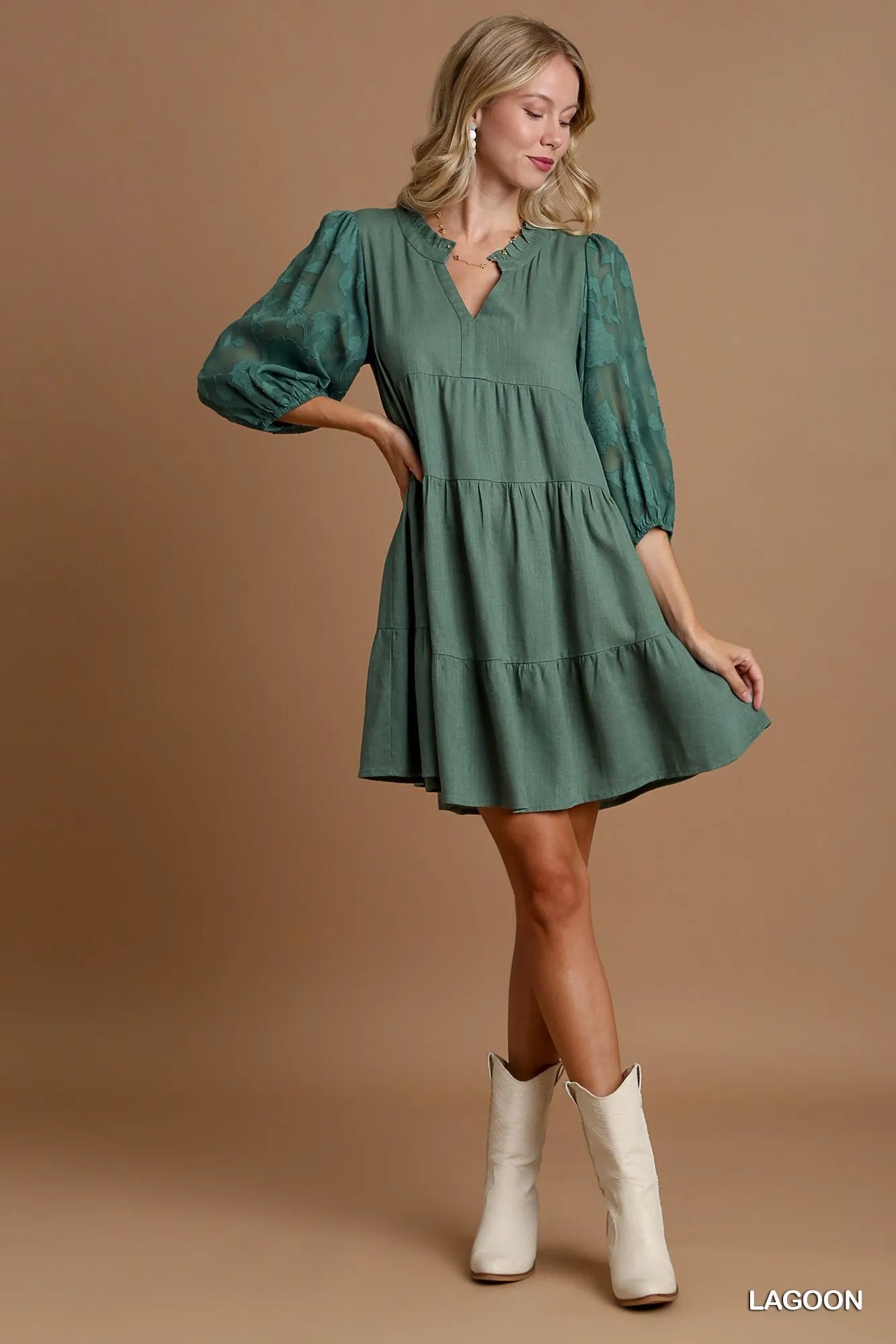 Umgee Floral Contrast Sleeve Tiered Dress | Daverri Fashions