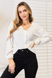 White Double Take V-Neck Dropped Shoulder Blouse | Daverri Fashions