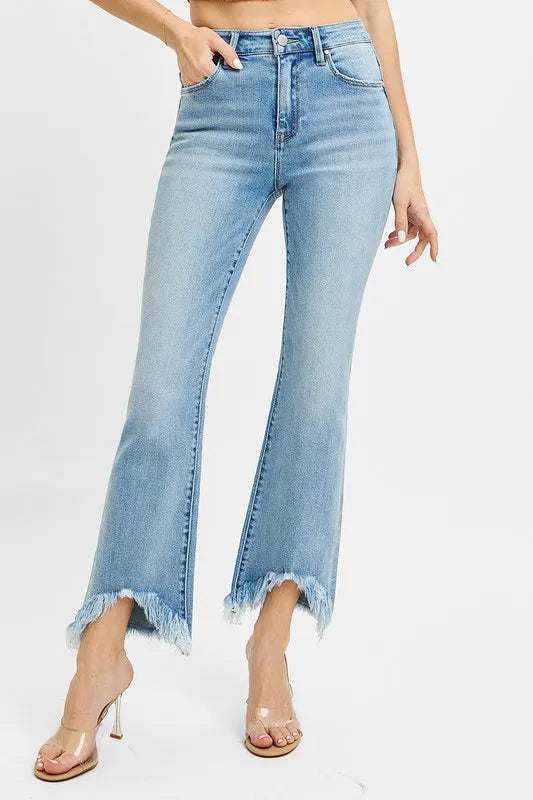 RISEN Full Size High Rise Crop Bootcut Fray Hem Jeans Plus Size | Daverri Fashions