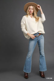 Umgee V-Neck Sweater with Wide Trim Detail | Daverri Fashions