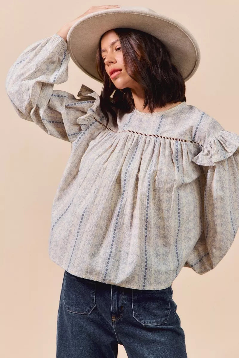 SO ME Floral Cotton Print Ruffled Long Sleeve Blouse | Daverri Fashions