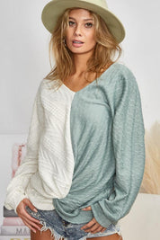 Ivory Sage BiBi Twist Front Contrast Cable Knit Top | Tops Daverri Fashions