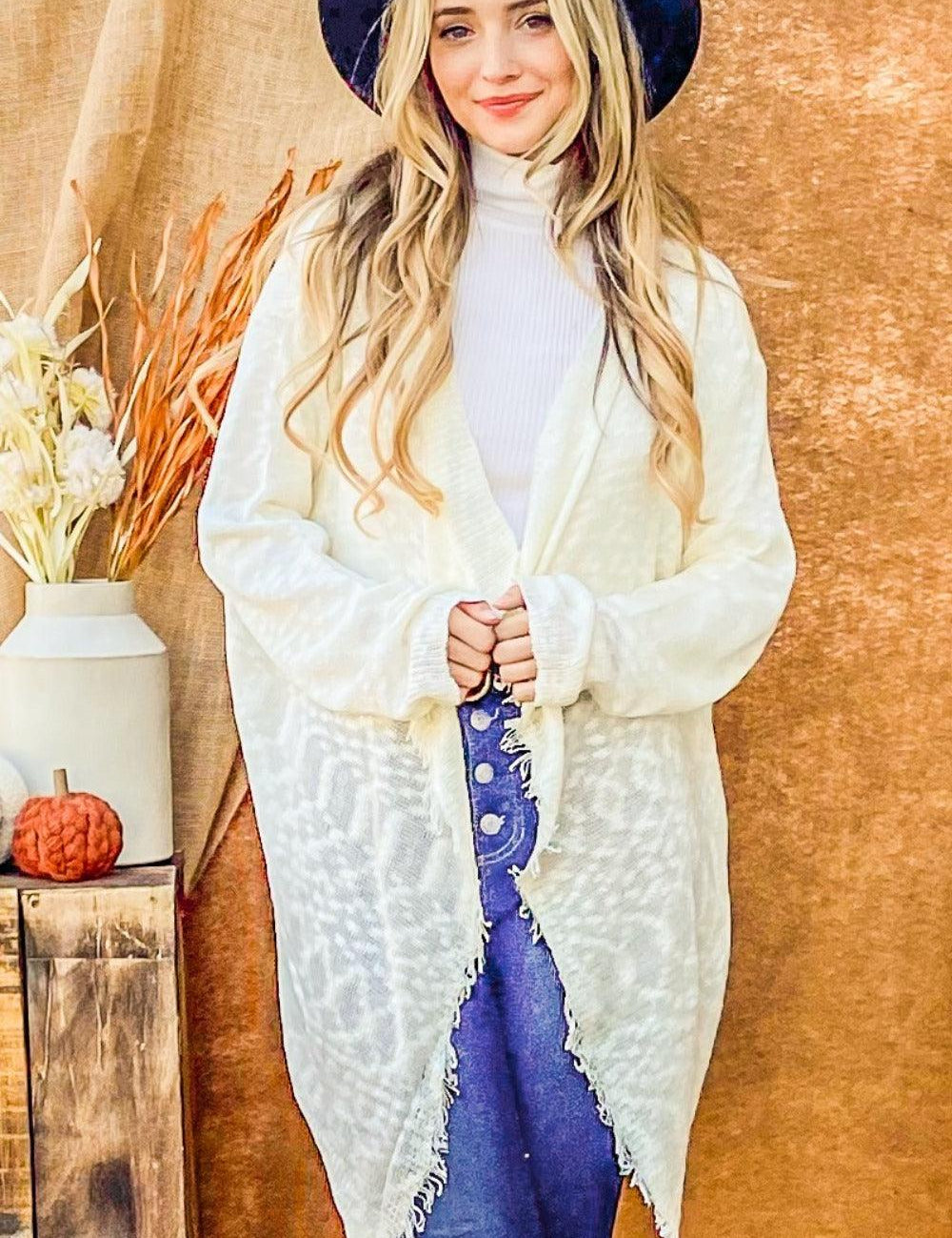 Ivory And The Why Textured Knit Fringe Hem Cardigan | Cardigans Daverri Fashions