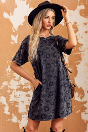 Leopard Round Neck Dropped Shoulder Dress with Pockets | Mini Dresses Daverri Fashions