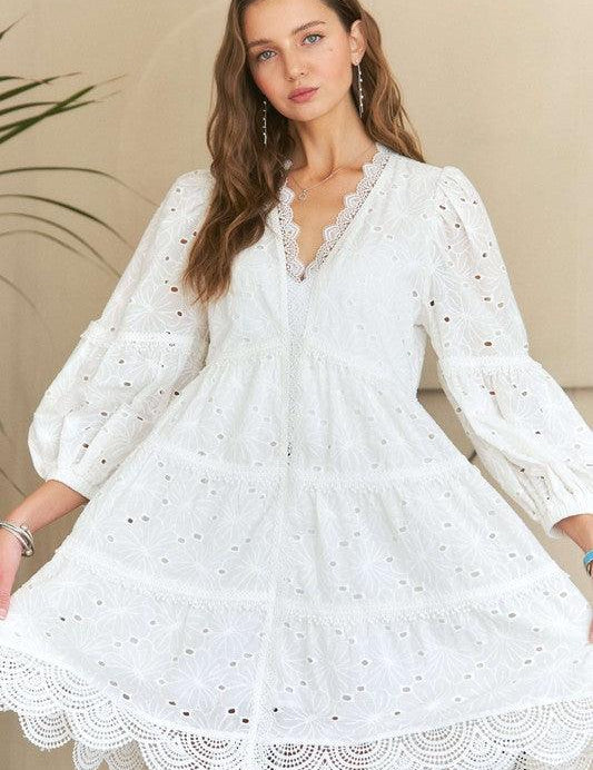 ADORA Lace Detail Tiered Eyelet V-Neck Babydoll Dress | Babydoll Dresses Daverri Fashions