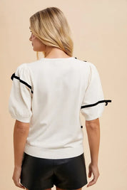 Annie Wear Striped Bow Round Neck Knit Top | Tops Daverri Fashions