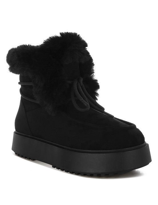 Black Bunting Faux Fur Collar Flatform Boots | Boots Daverri Fashions