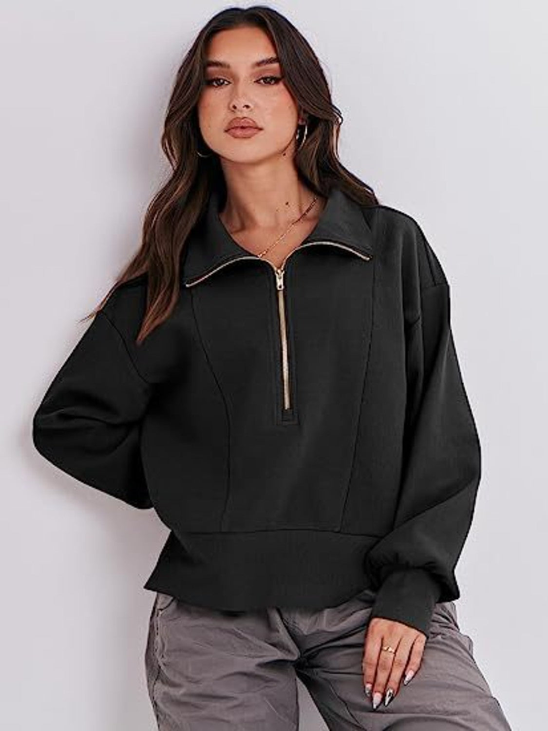 Black Half Zip Up Collared Sweatshirt | Sweatshirts Daverri Fashions