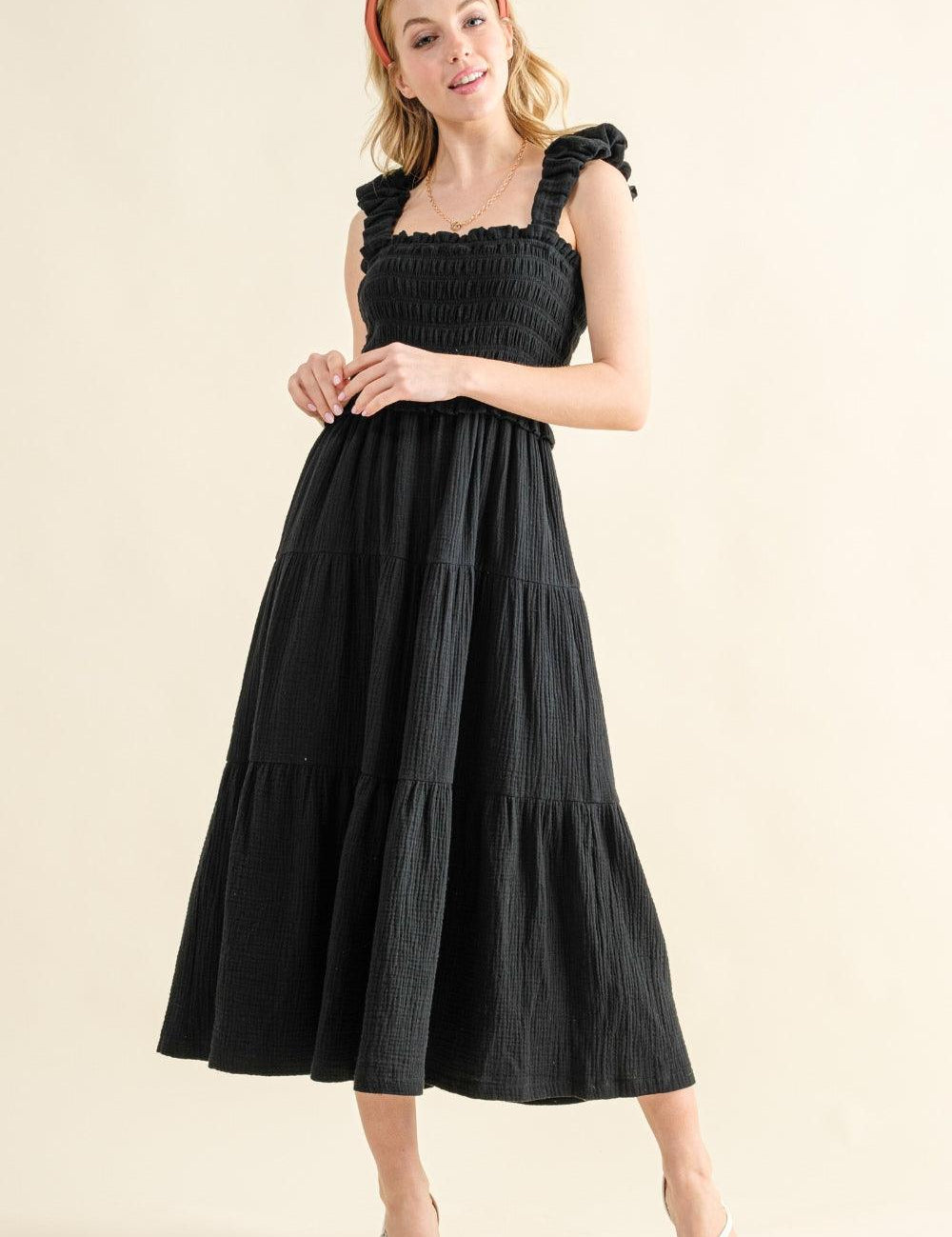 Black And The Why Smocked Ruffled Tiered Dress | Daverri Fashions