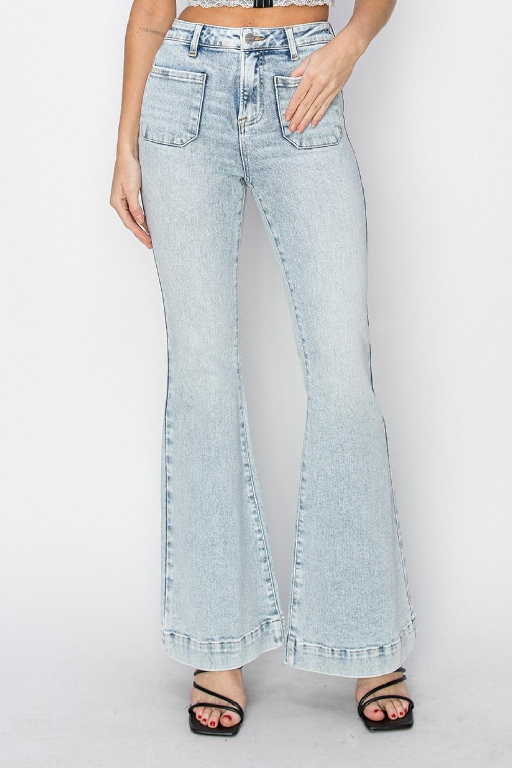 High Rise Front Patch Pocket Flare Jeans | Jeans Daverri Fashions