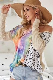 BiBi Print Block V Neck Top with Contrast Stitching | Tops Daverri Fashions