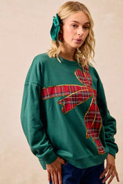 BiBi Plaid Ribbon Bow Detail Christmas Fleece Pullover | Sweatshirts Daverri Fashions