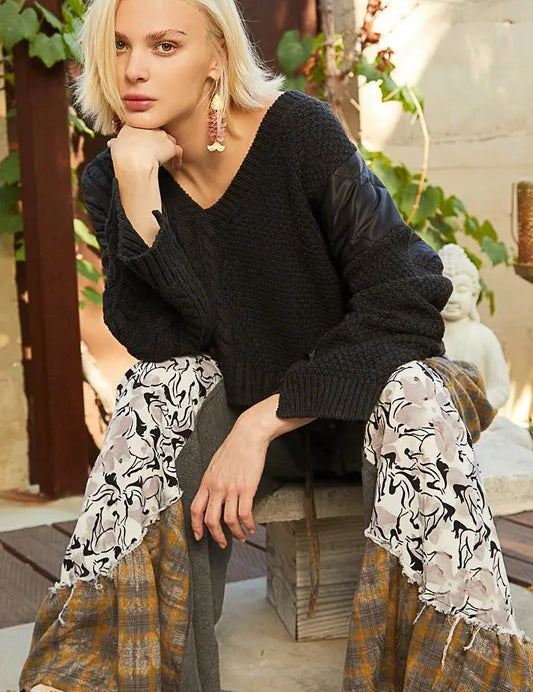 POL Cable Knit Quilting Patch V-Neck Sweater Black | Sweaters Daverri Fashions