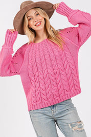 SAGE + FIG Cable-Knit Long Sleeve Sweater Pink | Sweaters Daverri Fashions