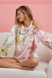 BiBi Floral Printed French Terry Color Block Top | Tops Daverri Fashions