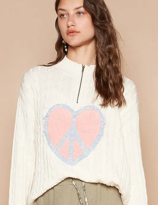Ivory L POL Cable-Knit Peace Patch Dropped Shoulder Sweater | Sweaters Daverri Fashions