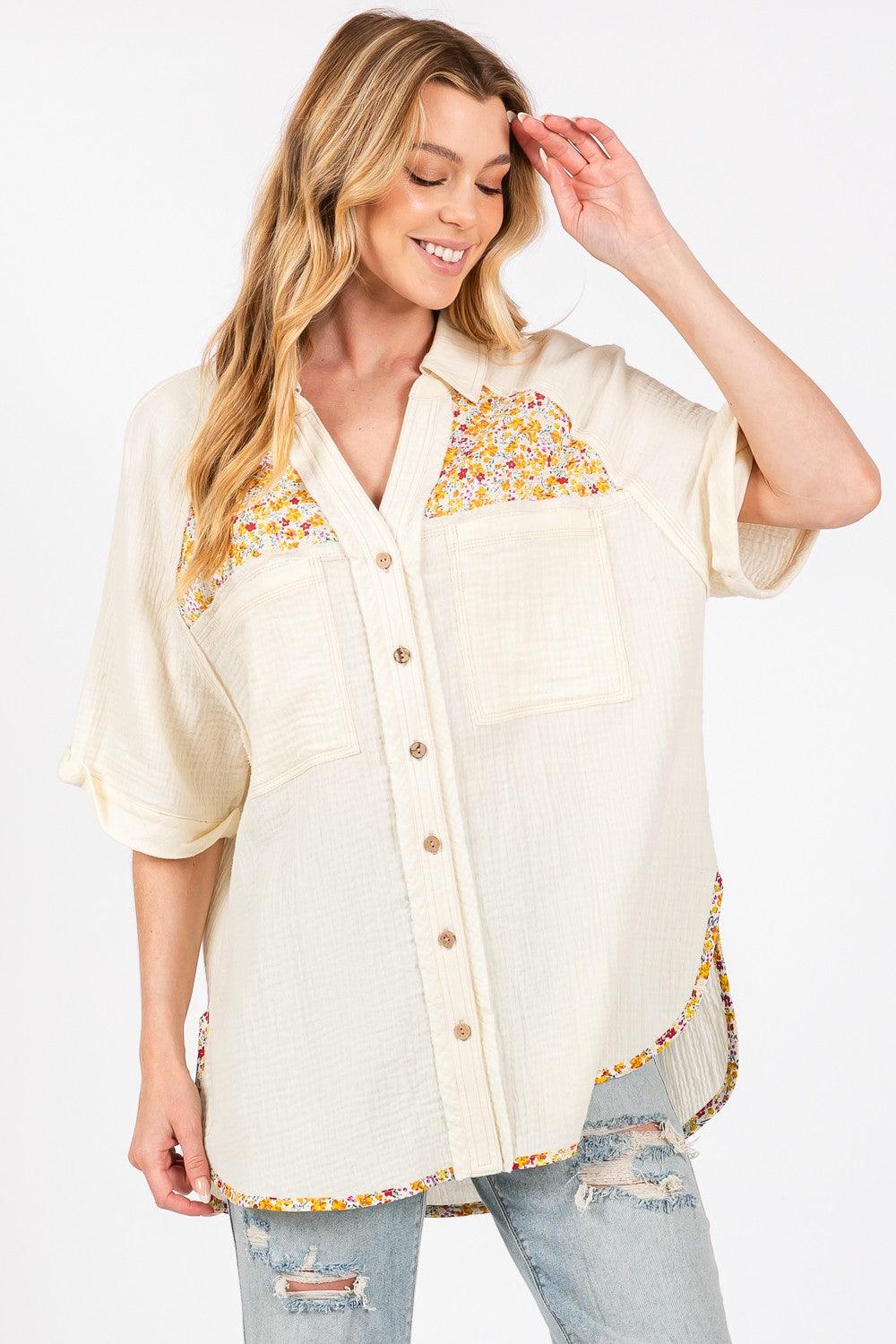 SAGE + FIG Full Size Floral Detail Button Up Short Sleeve Shirt | Shirts Daverri Fashions