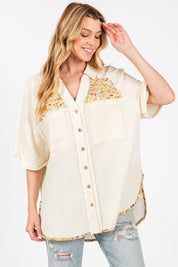 SAGE + FIG Full Size Floral Detail Button Up Short Sleeve Shirt | Shirts Daverri Fashions