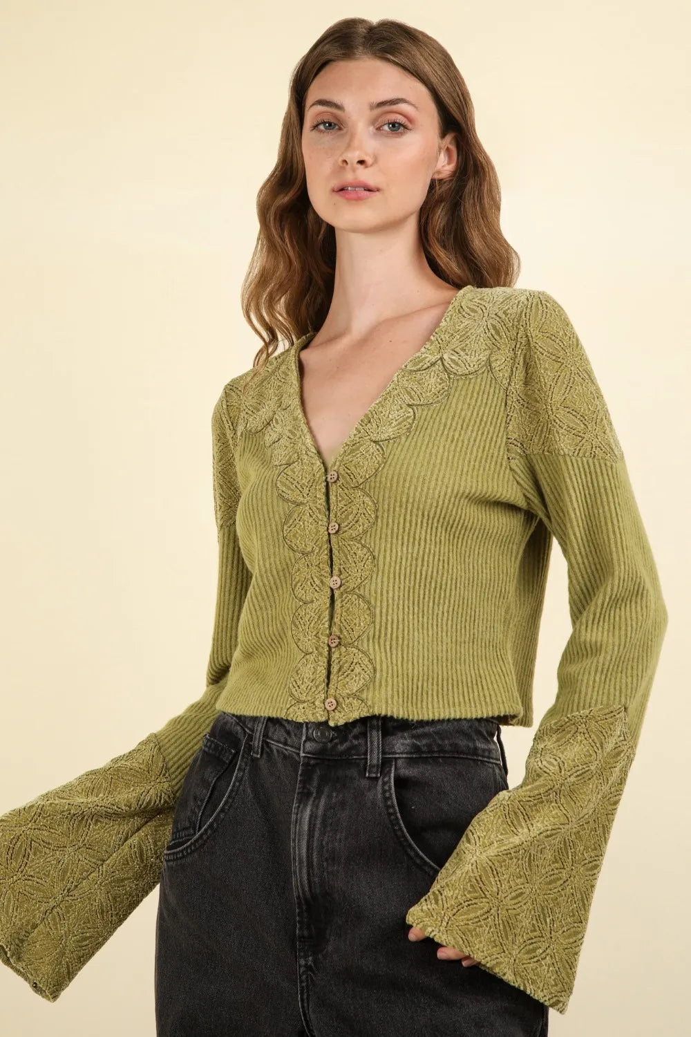 Olive VERY J V-Neck Lace Detail Button Down Crop Ribbed Knit Top | Knit Tops Daverri Fashions