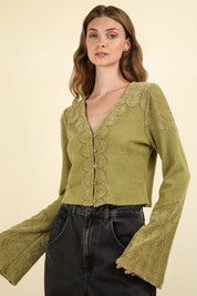 Olive VERY J V-Neck Lace Detail Button Down Crop Ribbed Knit Top | Knit Tops Daverri Fashions