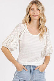 Mittoshop Mixed Media Textured Knit Popcorn Puff Sleeve Blouse | Blouses Daverri Fashions