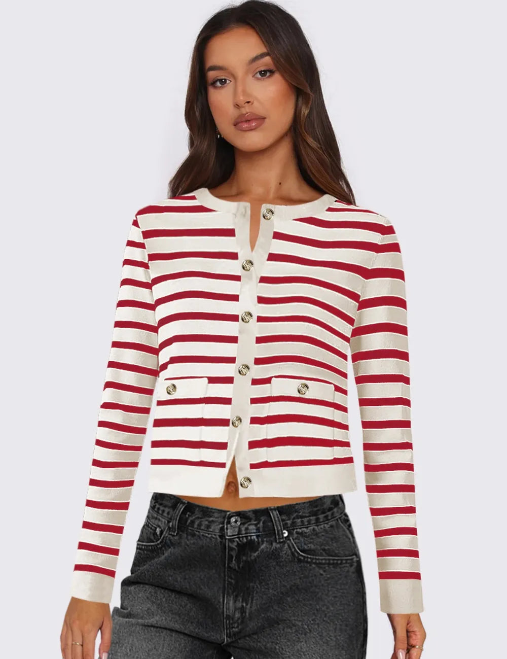 Deep Red Striped Round Neck Button Up Long Sleeve Cardigan | Cardigans Daverri Fashions