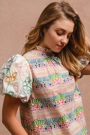 BiBi Ruffle Neckline Blouse With Embroidery Bubble Sleeve | Daverri Fashions