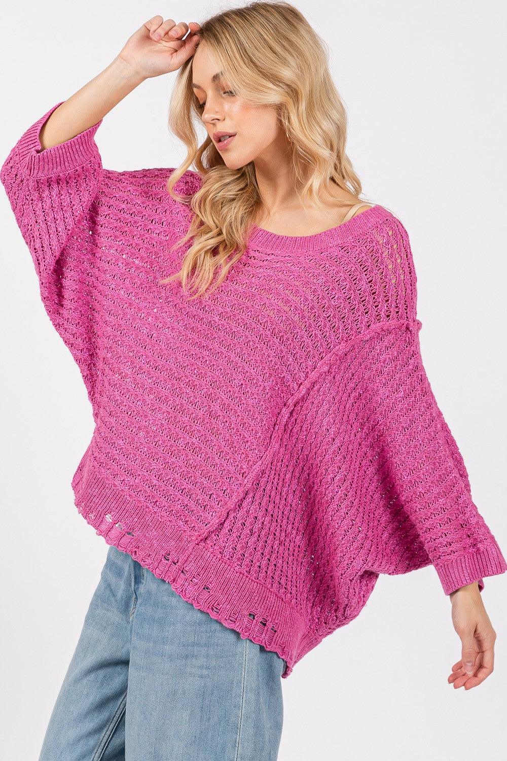 SAGE + FIG Magenta Distressed Asymmetrical Open Stitch Sweater | Sweaters Daverri Fashions