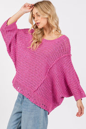 SAGE + FIG Magenta Distressed Asymmetrical Open Stitch Sweater | Sweaters Daverri Fashions