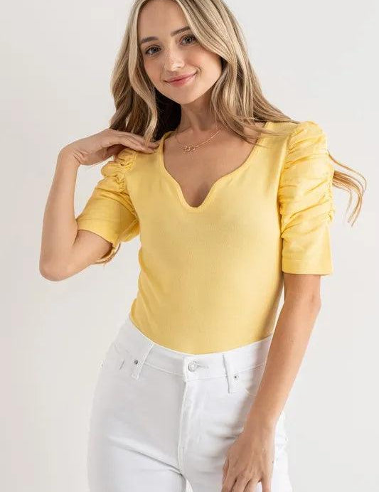 Pale Yellow And The Why Shirring Puff Sleeve Bodysuit | Bodysuits Daverri Fashions