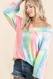 BiBi Tie Dye French Terry V-Neck Top with Puff Sleeves | Tops Daverri Fashions