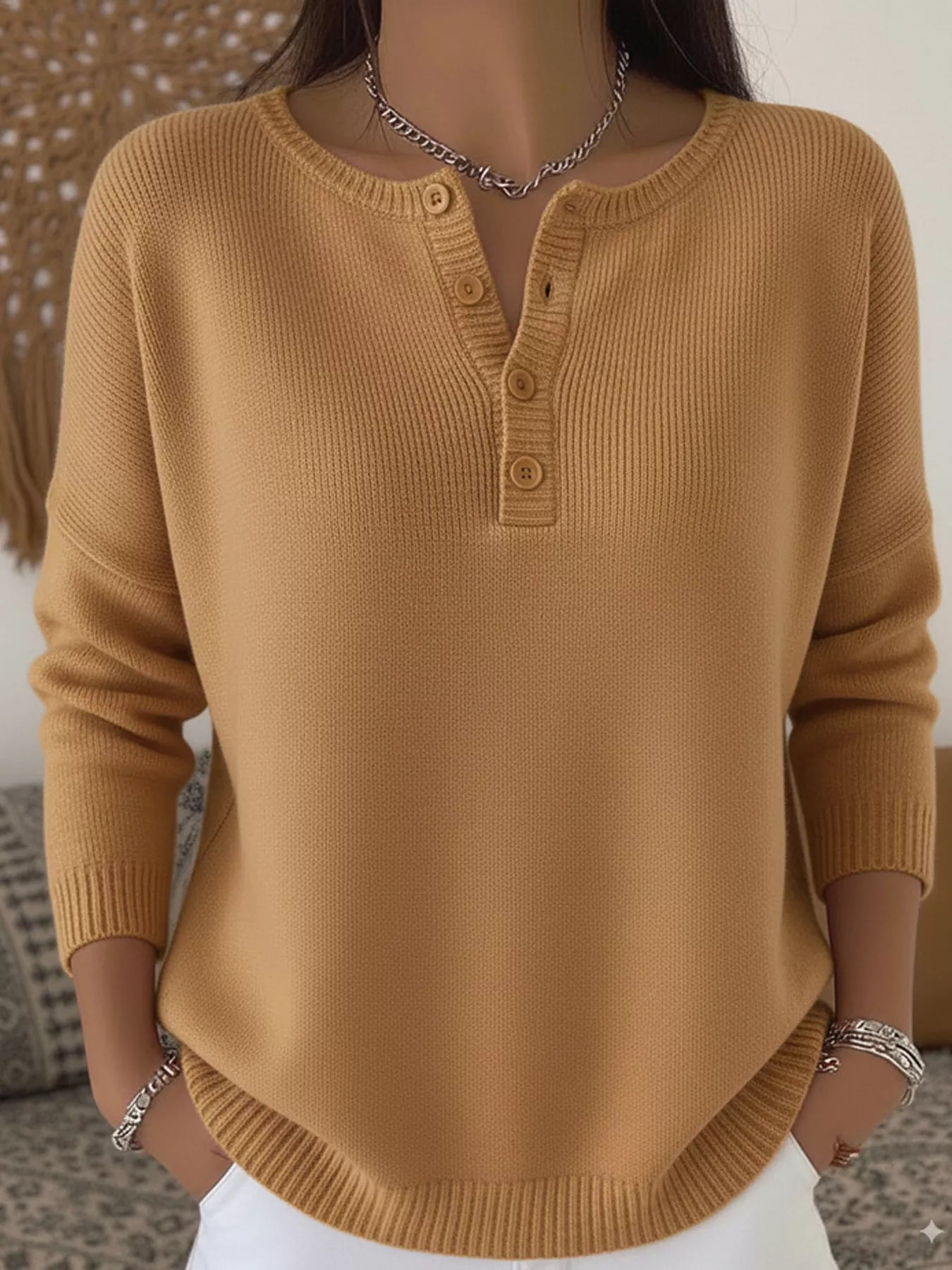 Khaki Full Size Half Button Long Sleeve Knit Top Plus Size | Knit Tops Daverri Fashions