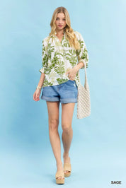 Umgee Leafy Damask Print Blouse with Contrast Scalloped Trim Detail | Blouses Daverri Fashions