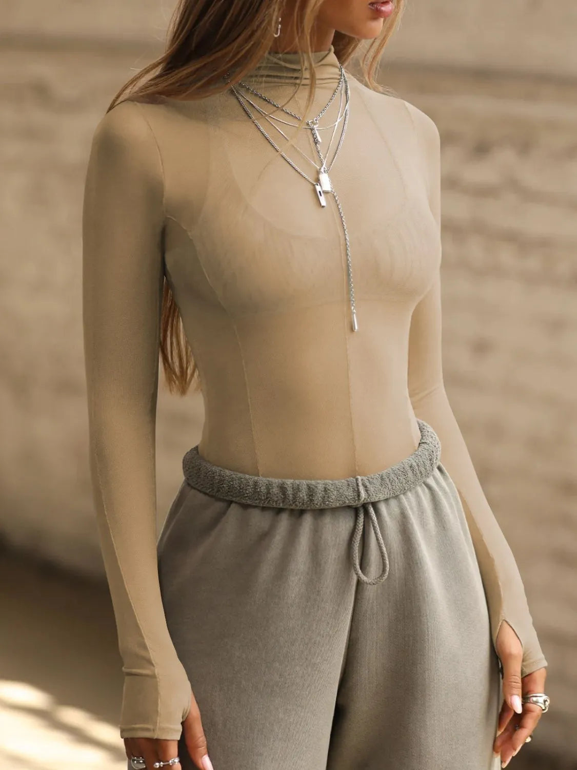 Tan Mock Neck Long Sleeve Sheer Top | Tops Daverri Fashions