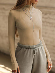 Tan Mock Neck Long Sleeve Sheer Top | Tops Daverri Fashions