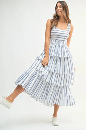 MABLE Pin Stripe Smocked Bodice Layered Midi Dress | Daverri Fashions